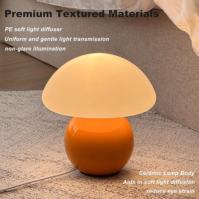 Mushroom Lamp Ceramic Base,Green Cute 70s Mid Century Modern Decor Lamp for Bedroom,Small Abstract Table Bedside Glass Mood Coze Fun Warm Light
