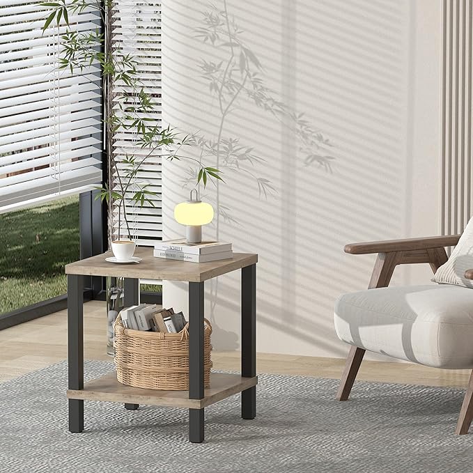 Large End Table Farmhouse Side Table Industrial Style Sofa Table Metal X Accent Wood Coffee Table NightStand with Storage Shelf for Living Room Bedroom Oak Grey MLBZ16Z