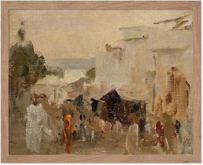 Poster Master Vintage The Bazaar Painting Poster - Retro Street in Udaipur Print - India Art - Cityscape Art - Farmhouse Art - Abstract Art - Office or Living Room Wall Decor, 11x14 Beige Framed