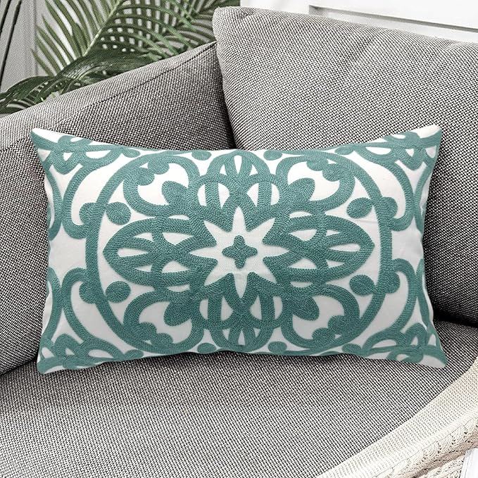 Alysheer Embroidered Lumbar Decorative Throw Pillow Cover 12"x 20", Classic Boho Mandala Embroidery Pattern Cotton Farmhouse Rectangular Cushion Case for Sofa Couch Living Room Bedroom(Dusty Blue)