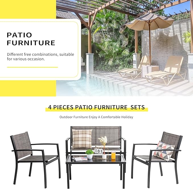 Shintenchi 4 Pieces Patio Furniture Set All Weather Textile Fabric Outdoor Conversation Set, with Glass Coffee Table, Loveseat, 2 Single Chairs for Home, Garden, Lawn, Porch（Tan）