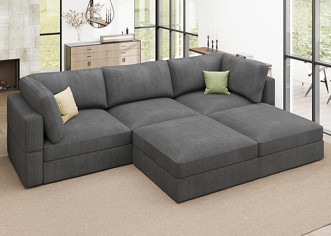 HONBAY Modular Sectional Sofa with Storage Corduroy U Shaped Sofa Modular Sectional Couches for Living Room,Dark Grey