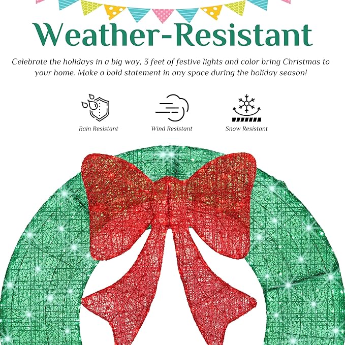 Sweetcrispy Pre-Lit Christmas Wreath, LED Lighted Holiday Outdoor Decoration with Bow for Door, Mantel, Wall, Windows, Front Door Decor, 47.5in Green Wreath - Red Bow