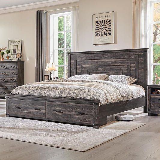 RedLemon Farmhouse Queen Size Bed Frame w/ 54" Tall Geometric Headboard, Rustic Wood Platform Bed w/ 2 Large Storage Drawers, Wood Slats Support, Noise Free, No Box Spring Needed, Dark Rustic Oak