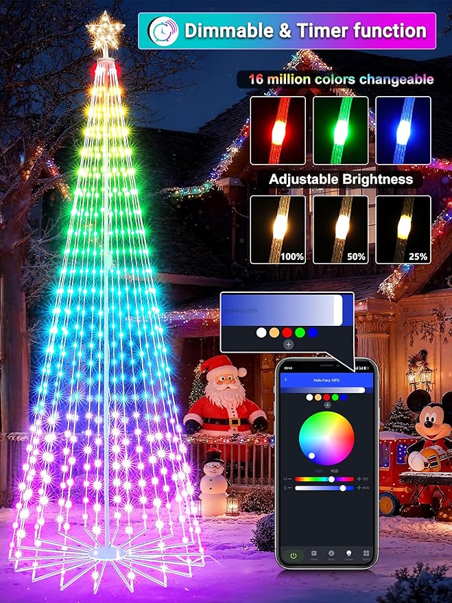 Flacchi 9.8FT Smart Christmas Tree Lights - Star Tree Topper with Removable Bracket, App Control, Sync with Music, Waterfall Colored Lights for Indoor Outdoor Xmas Decorations (9.8FT/ Rope Lights)