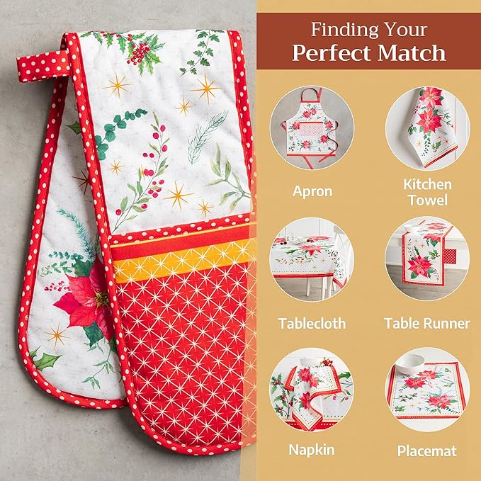 Maison d' Hermine Double Oven Mitt (7" x 35") 100% Cotton Heat Resistant BBQ Cooking Gloves with Loop for Thanksgiving Christmas Decorations Baking Cooking Handling Hot Pan (Poinsettia Christmas)