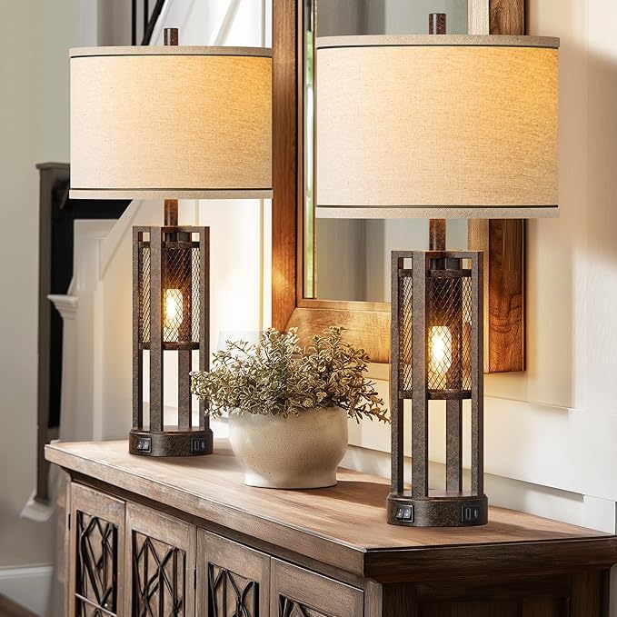 28'' Farmhouse Industrial Table Lamp Set of 2 - Rustic Bedside Nightstand Lamps with Dual USB A+C Ports, Bronze Metal Mesh Nightlight Desk Lamps for Bedroom Living Room, 4 LED Bulbs Included