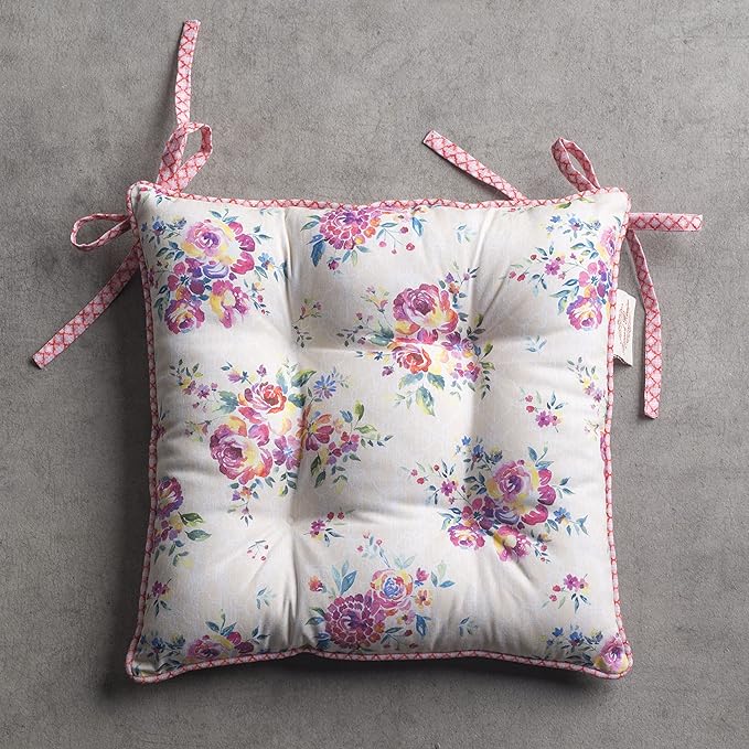 Maison d' Hermine Chair Pads for Dining Chairs Cotton Outer Fabric and Poly Filling 16"x16" Patio Seat Cushions for Furniture with Ties Home Chair Party Hall Farmhouse (Rose Garden, Pack of 2)