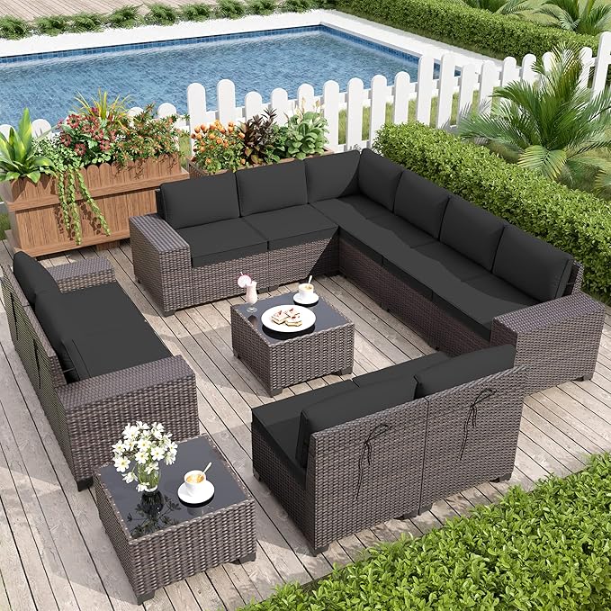 Kurapika 12 Pieces Patio Furniture Set, Rattan Wicker Outdoor Conversation Sets w/4 Inch Cushion and Glass Coffee Table(Black)