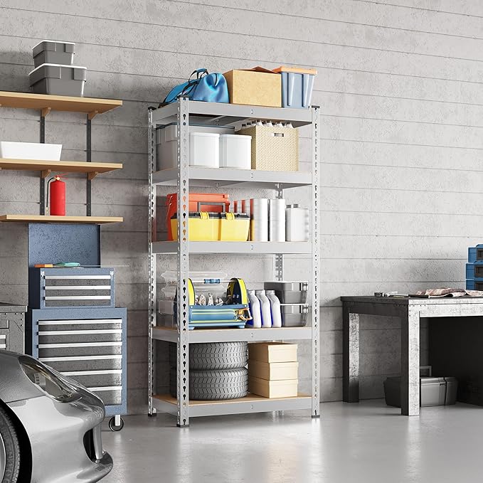 Yaheetech Storage Shelves 5 Tier Garage Shelving Heavy Duty Garage Shelves Adjustable Metal Shelving Unit Utility Rack Industrial Shelving for Warehouse Pantry Closet, 27.5" W x 12" D x 60" H, Silver