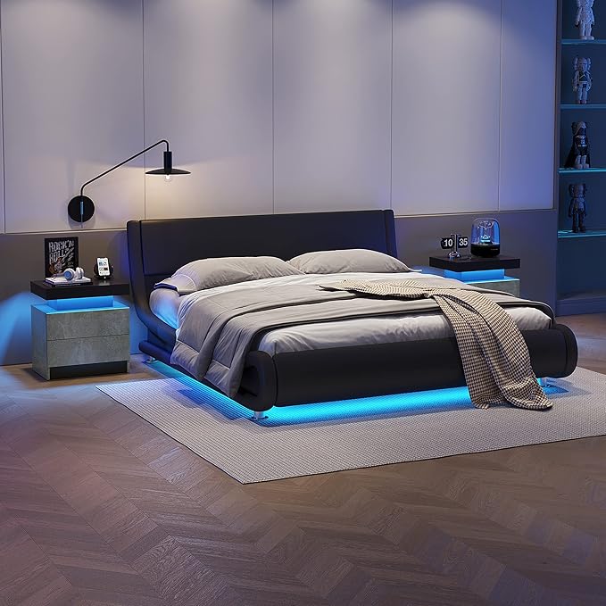 LED Nightstands, Modern End Side Table with 2 Drawers, LED Bedroom Furniture for Bedroom and Living Room, Grey