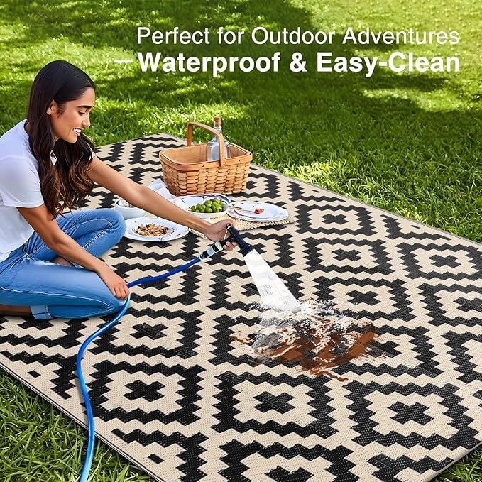 OLANLY Waterproof Outdoor Rug 5x8 ft, Outdoor Plastic Straw Rug for Camping, RV Mat Outside, Outdoor Carpet for Porch, Deck, Backyard, Balcony, Picnic, Black & Beige