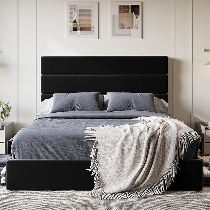 SHA CERLIN Full Size Platform Bed Frame with 4 Storage Drawers, Velvet Upholstered Headboard, Mattress Foundation with Wooden Slats Support, No Box Spring Needed, Easy Assembly, Black