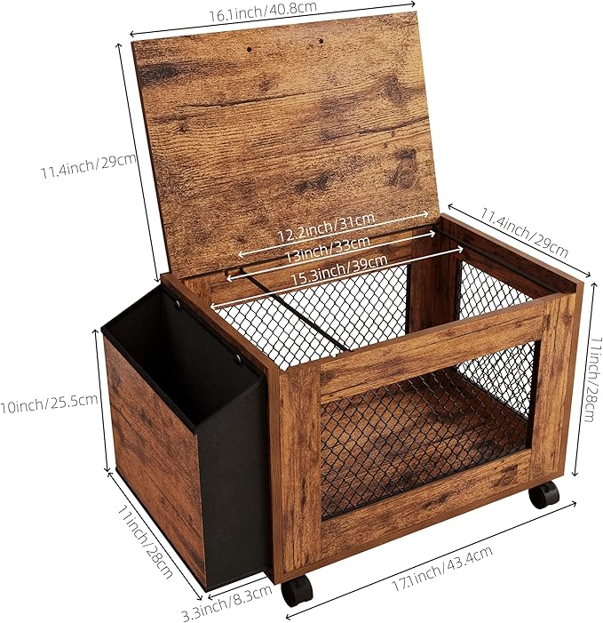 Rolling File Cabinet Cart,Under Desk Small Filing Cabine,Hanging File Organizer Box with Lid,Side Pocket for Letter/Legal Size, Wood Mobile Document Storage Basket for Home Office (Rustic Brown)