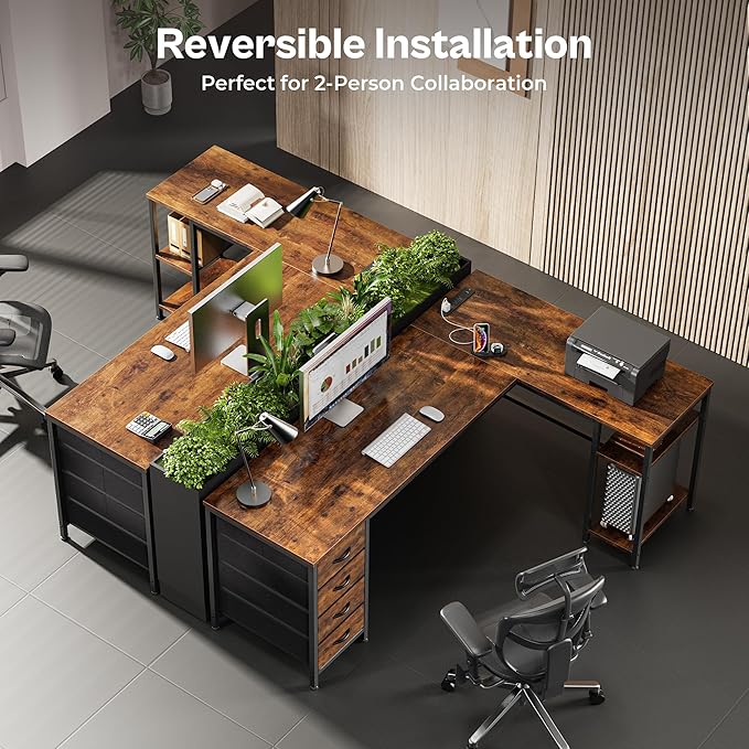 Huuger 63 Inch L Shaped Desk with Fabric Drawers, Computer Office Desk with Power Outlets and USB-C Port, Corner Desk with Storage Shelves, for Gaming Work Study Home Office, Reversible, Rustic Brown