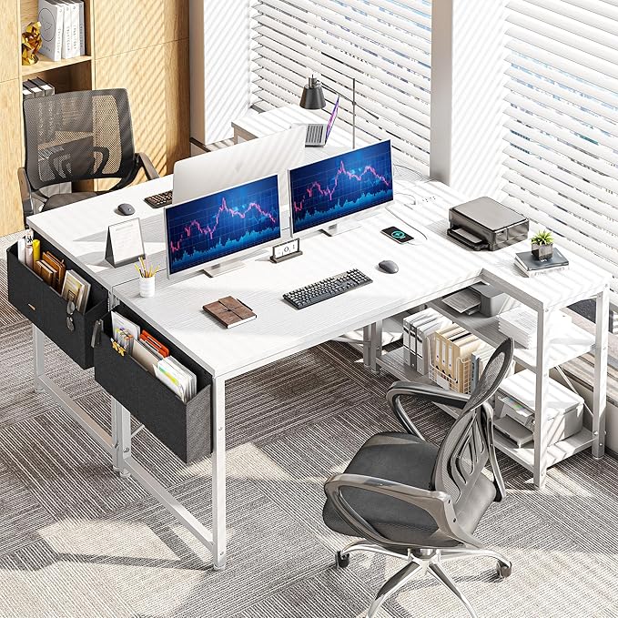 EnHomee 48 Inch L Shaped Gaming Desk, Computer Desk with Storage Shelves & Side Bag, Office Desk with Power Outlets, Small Corner Desk for Small Space Home Office Bedroom, Study Writing Table, White