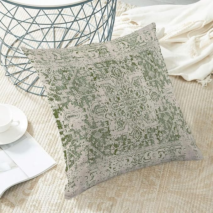 BETGINY Sage Green Ethnic Boho Throw Pillow Covers 24 x 24 Inch Pack of 2, Bohemian Carpet Pattern Decorative Pillow Cases Vintage Outdoor Linen Farmhouse Cushion Case for Bedroom Home Sofa Decor