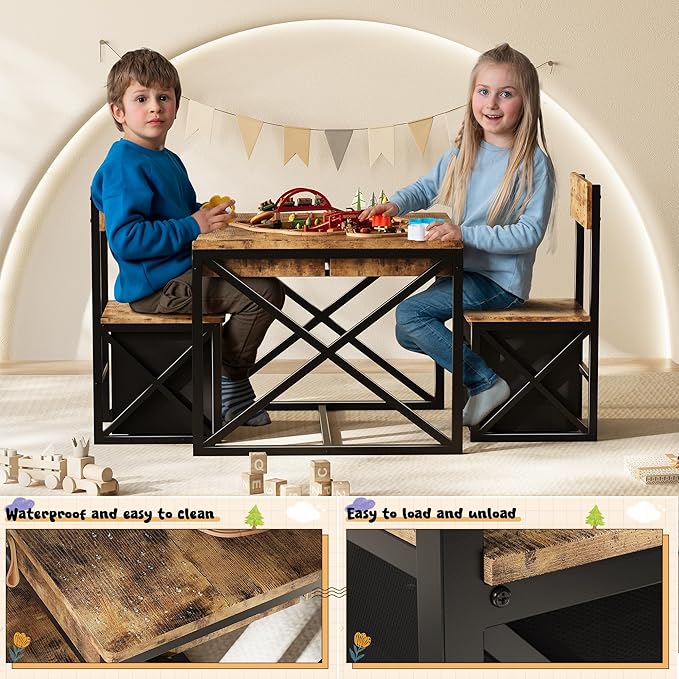 Kids Table and 2 Chairs Set, 4 in 1 Toddler Activity Table and Chairs Set with Storage, Children Desk and Chairs Set for Crafts, Drawing, Reading, Toddler Furniture Ideal for Learning Play