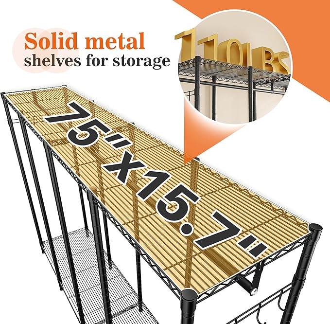 Raybee Clothes Rack Heavy Duty Clothing Racks for Hanging Clothes Loads 1100LBS, Garment Rack Freestanding for Bedroom, 75" H x 75" W x 15.7" D, Black