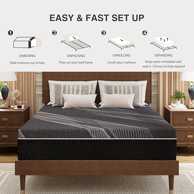 Full Mattress 12 Inch Charcoal Gel Memory Foam in a Box, CertiPUR-US Certified, Fiberglass Free, Cooling Double Mattress, Made in The USA of US Foam, 75" × 54" × 12", Medium