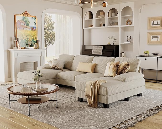 Furmax Sectional Couches for Living Room, U-Shaped Sofa Couch with Linen Fabric, 4 Seat Sofa Set with Double Chaise for Apartment (Corduroy, Beige)