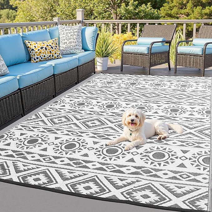 Outdoor Rug Waterproof 8x10 ft, Reversible Outdoor Plastic Straw Rug Patio Rug, RV Rugs for Outside, Outdoor Carpet for Patio Camping Deck Balcony Backyard, Black & Gray
