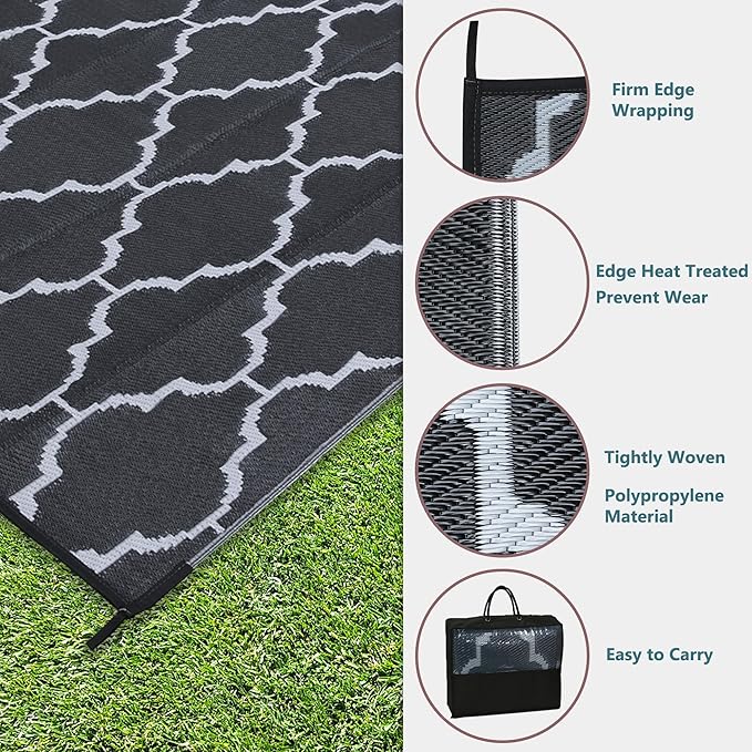 Ogrmar 5x8 FT Reversible Mats, Outdoor Rug for Patio Clearance, Waterproof Carpet, Plastic Straw Rug for Indoor Outdoor, Floor Mat&Rug for RV Porch Camping Backyard Deck Balcony Beach Trailer (Black)