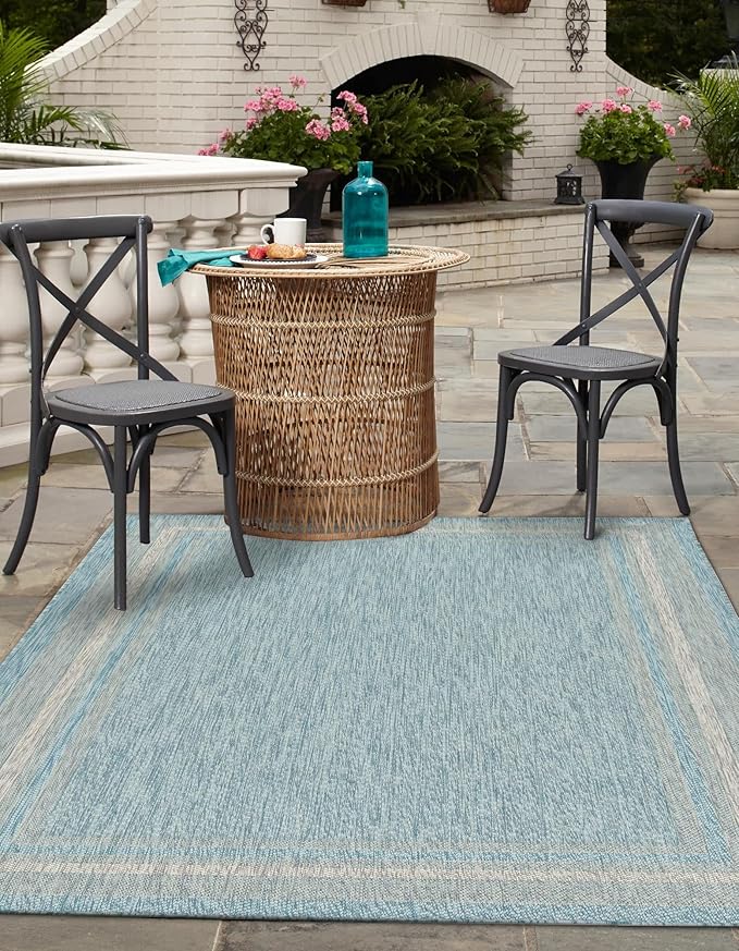 Unique Loom Outdoor Border Collection Area Rug - Soft Border (5' 1" x 8' Rectangle, Aquamarine/ Ivory)