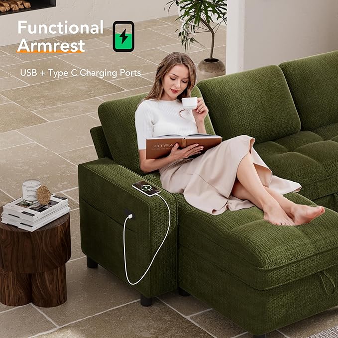 Vipbear Sleeper Sectional Sofa, 105" U Shaped Couch with Pull Out Bed, Convertible Chenille Cloud Sofa with Reclining Backrest | Double Storage Chaise | USB Ports | Tool-Free Assembly | Green