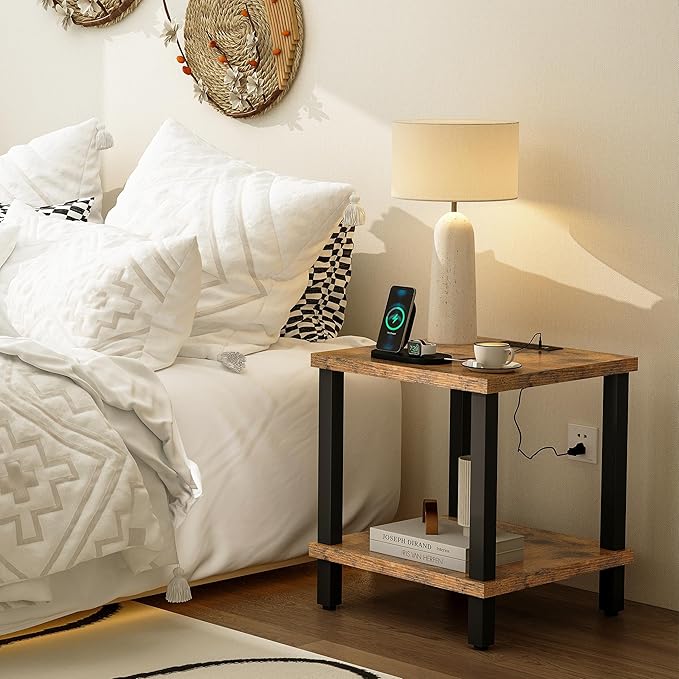 Large End Table Square Side Table with Charging Station Modern Sofa Table 20 Inch Industrial Coffee Table NightStand with 2-Tier Storage Shelf for Living Room Bedroom Rustic Brown MLBZ06RE