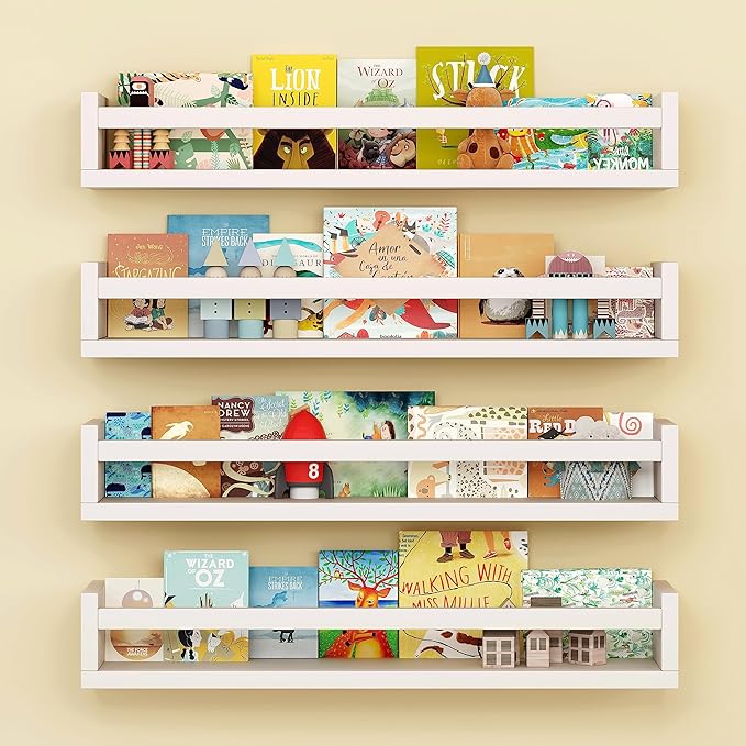 Onlysky Set of 4 Wall-Mounted Kid's Bookshelf - White Floating Nursery Book Shelves - Durable Wood Construction - Ideal for Nursery Decor, Kids Room, Toy Storage
