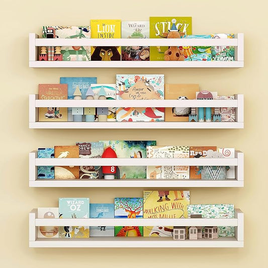 Onlysky Set of 4 Wall-Mounted Kid's Bookshelf - White Floating Nursery Book Shelves - Durable Wood Construction - Ideal for Nursery Decor, Kids Room, Toy Storage