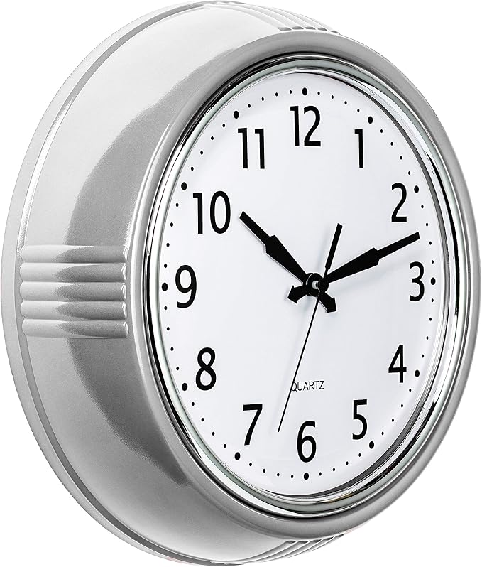 Bernhard Products Retro Wall Clock 12 Inch Silver Kitchen 50's Vintage Design Round Silent Non Ticking Quality Quartz Battery Operated for Home/Office/Kitchen/Living Room/School Classroom
