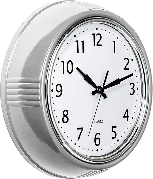 Bernhard Products Retro Wall Clock 9.5 Inch Silver Kitchen 50's Vintage Design Round Silent Non Ticking Quality Quartz Battery Operated for Home/Office/Kitchen/Living Room/School Classroom