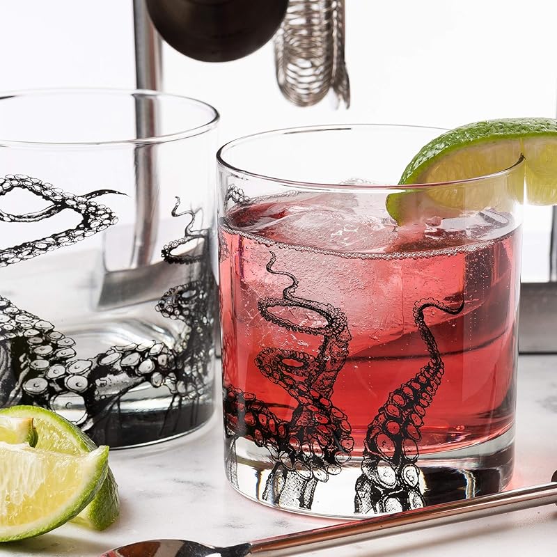 Octopus Tentacle Whiskey Glasses - Set of Two 11oz. Old Fashioned Glasses with Gift Box