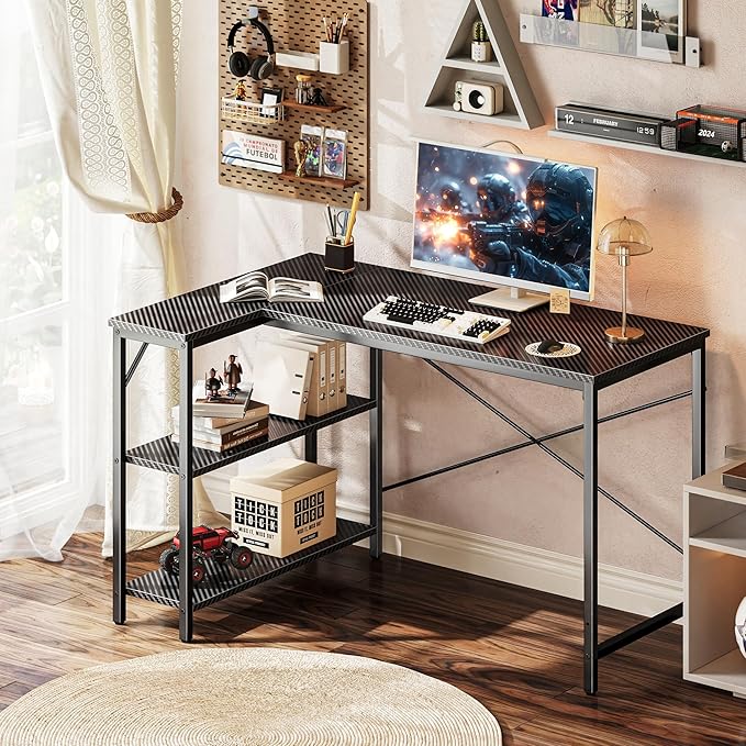 Huuger L Shaped Desk, 47 Inch Gaming & Home Office Desk with Reversible Storage Shelves, Metal Frame, Carbon Fiber Black