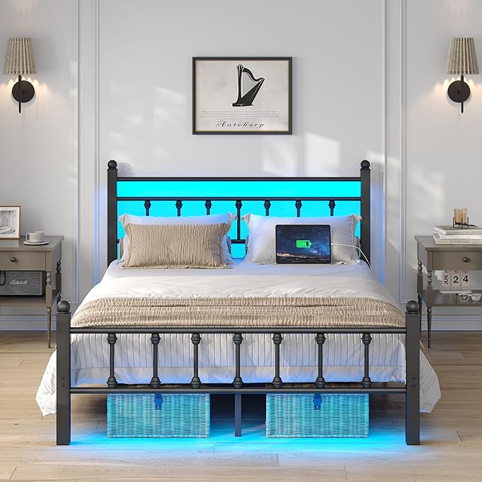 Full Bed Frame with Smart LED Lights, Storage Headboard and USB Charging Station,Heavy Duty Wooden Slats, No Box Spring Needed, Noise Free, Easy Assembly (Retro Black, Full)