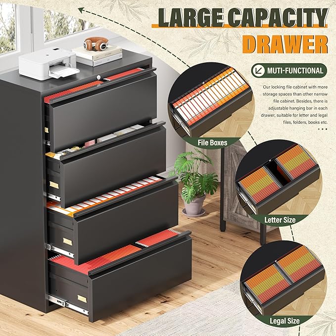 Greenvelly Lateral File Cabinet 4 Drawer, Lockable Metal Filing Cabinet for Home Office, Black Metal File Cabinet with Lock for Legal/Letter/A4/F4 Size with Hanging Bars&Key
