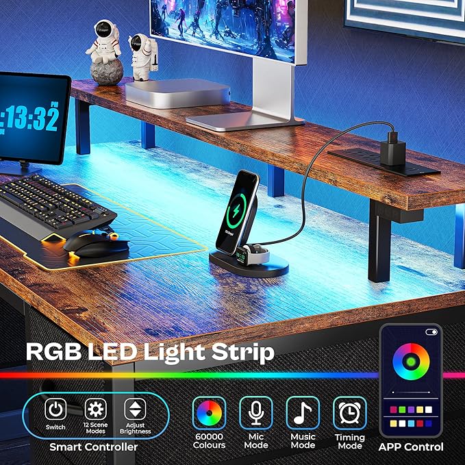 Huuger 47 inch Computer Desk with 4 Drawers, Gaming Desk with LED Lights & Power Outlets, Home Office Desk with Large Storage Space for Bedroom, Work from Home, Rustic Brown and Black