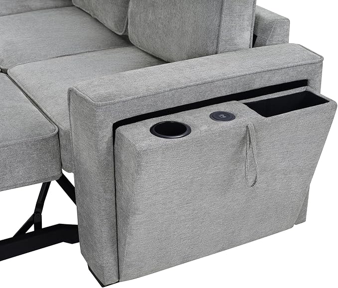 Ball & Cast Convertible Sleeper Sofa Bed,Chenille L Shaped Pull Out Couch Bed with Flip-Top Table,USB Ports & Hidden Cup Holders,Corner Sectional Sofa Couches for Living Room,Light Gray