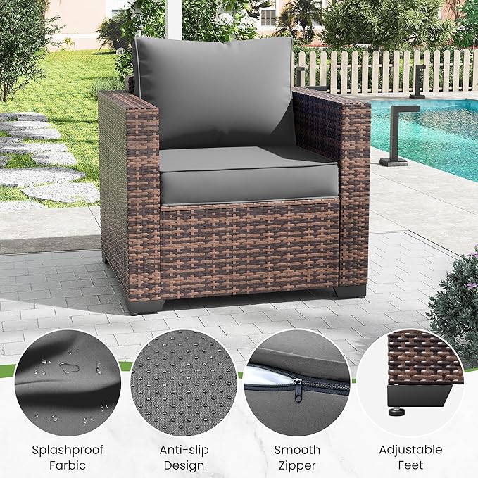 Amopatio Wicker Outdoor Sofa & Patio Couch Set - High Back Waterproof Patio Furniture Single Armrest Chair with Non-Slip Cushions, Outdoor Furniture Cover, Grey
