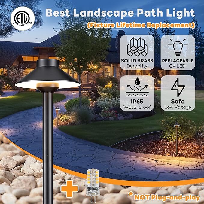 Low Voltage Landscape Sidewalk Lighting, Solid Brass Pathlights, LED Driveway Warm Light Waterproof, Hat Shaped 12V Wired Black for Walkway Garden with 3W 270LM 3000K G4 Bulb (12 Pack)
