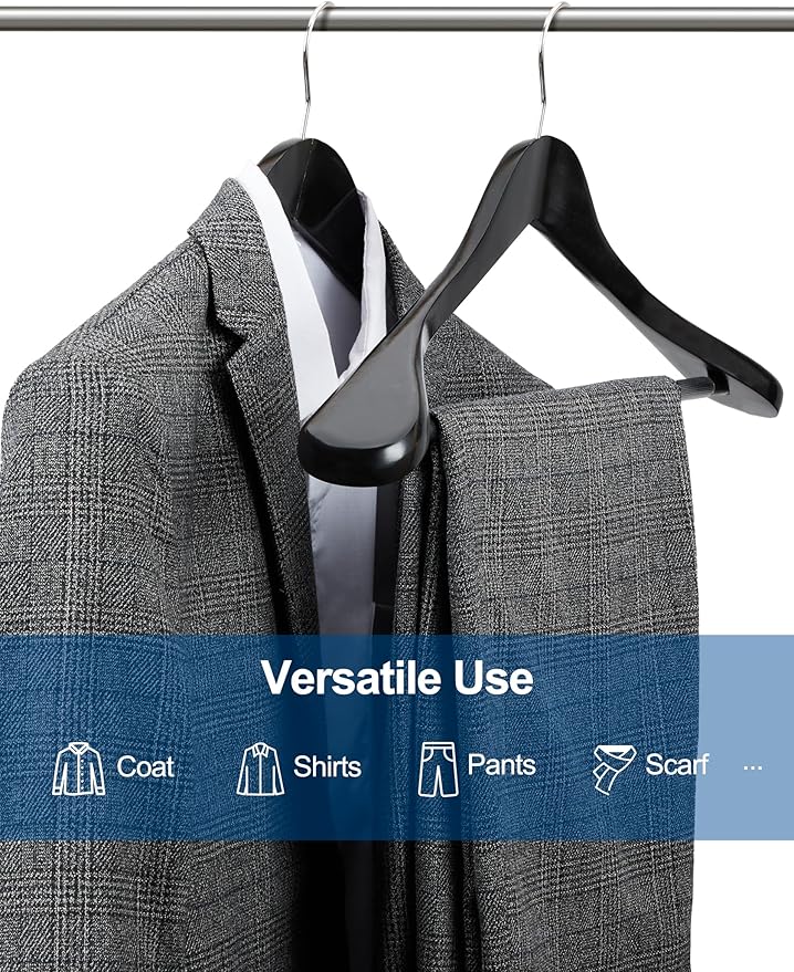 HOUSE DAY High-Grade Suit Hangers, Wide Shoulder Wooden Hangers with Non Slip Pants Bar, Smooth Finish 360° Swivel Hook Solid Wood Coat Hangers for Dress, Jacket, Heavy Clothes Hanger 6 Pack (Black)