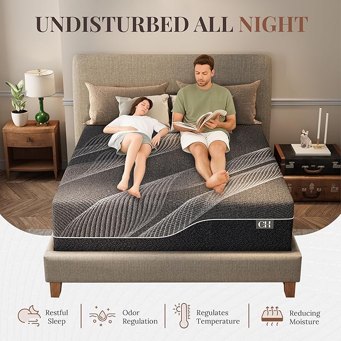 CH CHARME HOUSE 14 Inch Queen Mattress, Bamboo-Charcoal Memory Foam Mattress, Cooling & Pressure Relief, Bed in a Box, Foam Made in USA & CertiPUR-US Certified, 60'x80'x14', Black