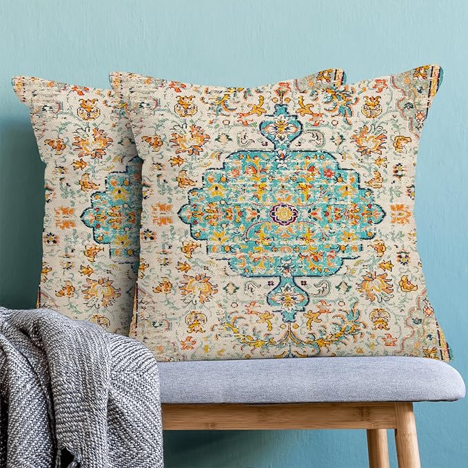 Boho Pillow Covers 18x18 Set of 2, Carpet Pattern Teal Yellow Decorative Throw Pillows Farmhouse Bohemian Cushion Pillow Covers for Sofa Couch Outdoor Decor