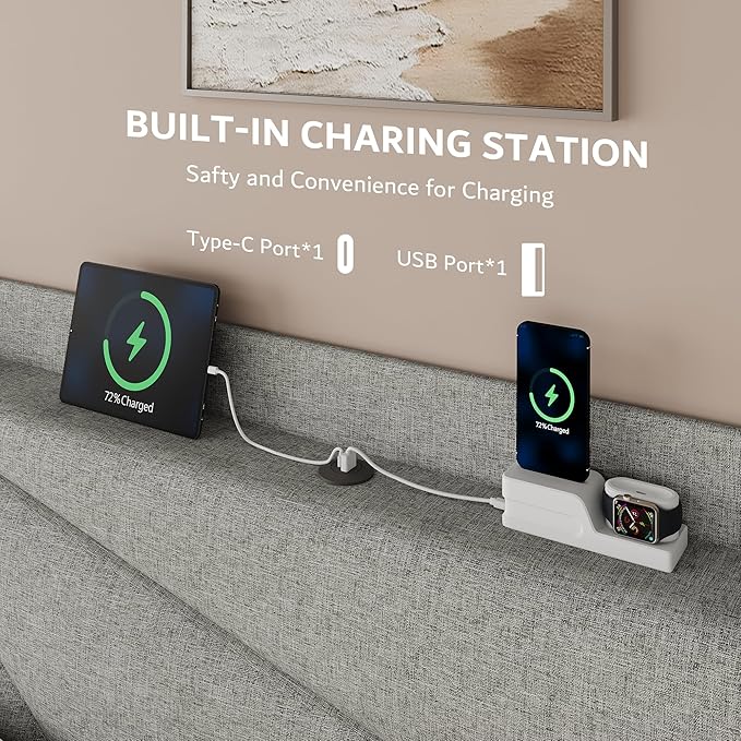 iPormis Full Size Bed Frame with Charging Station, Linen Platform Bed Frame with Wingback Headboard Upholstered Bedframe, Solid Wood Slats Support, No Box Spring Needed, Easy Assembly, Light Grey