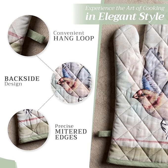 Maison d' Hermine Oven Gloves 100% Cotton Easter Oven Mitt Heat Resistant BBQ Cooking Gloves with Loop for Grilling, Microwave, Barbeque, Flying Birds Spring/Summer (Oven Mitt (7.5''''x13''''))