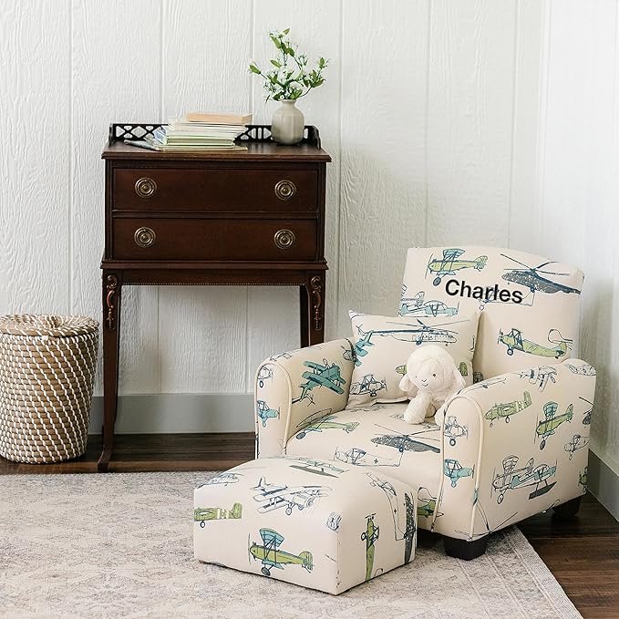 Toddler Personalized Armchair, Kids Upholstered Rocking Chair with Personalization, Toddler Chair with Personalized Name, Comfy Child Armchair, (Airplanes Print, Rockers)