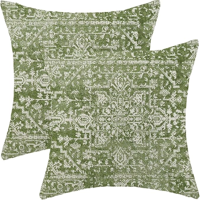 Boho Sage Green Throw Pillow Covers 20x20 Inch Set of 2, Carpet Pattern Decorative Throw Pillow Covers Bohemia Sage Green Linen Outdoor Cushion Cover for Sofa Couch Farmhouse Room Bed Decor