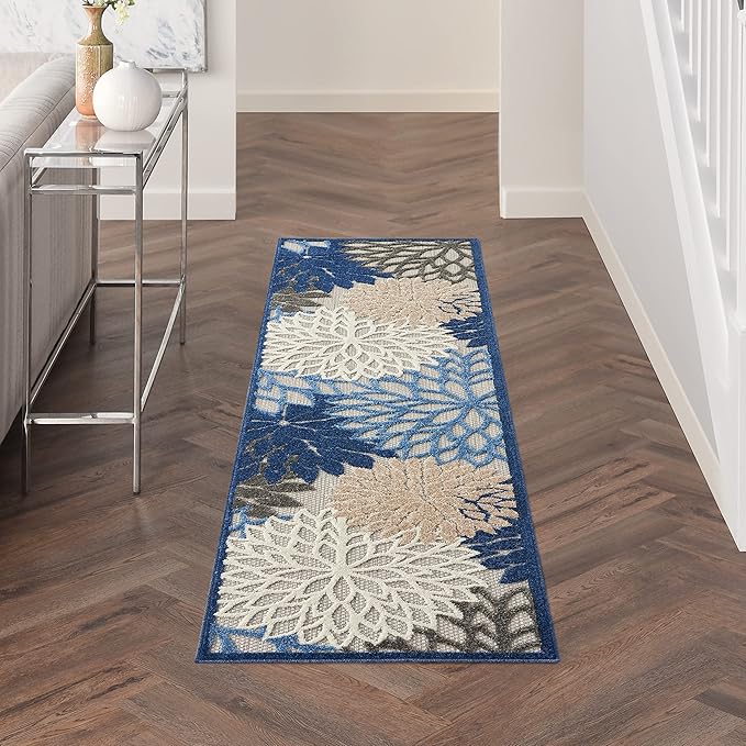 Nourison Aloha Indoor/Outdoor Blue/Multicolor 2'3" x 8' Area Rug, Tropical, Botanical, Easy Cleaning, Non Shedding, Bed Room, Living Room, Dining Room, Deck, Backyard, Patio (2x8)